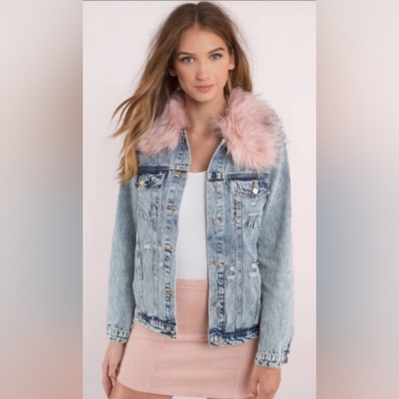 Honey Punch Jackets & Blazers - Distressed Jean Jacket Detachable Pink Fur Collar 100% Cotton Women's Size M